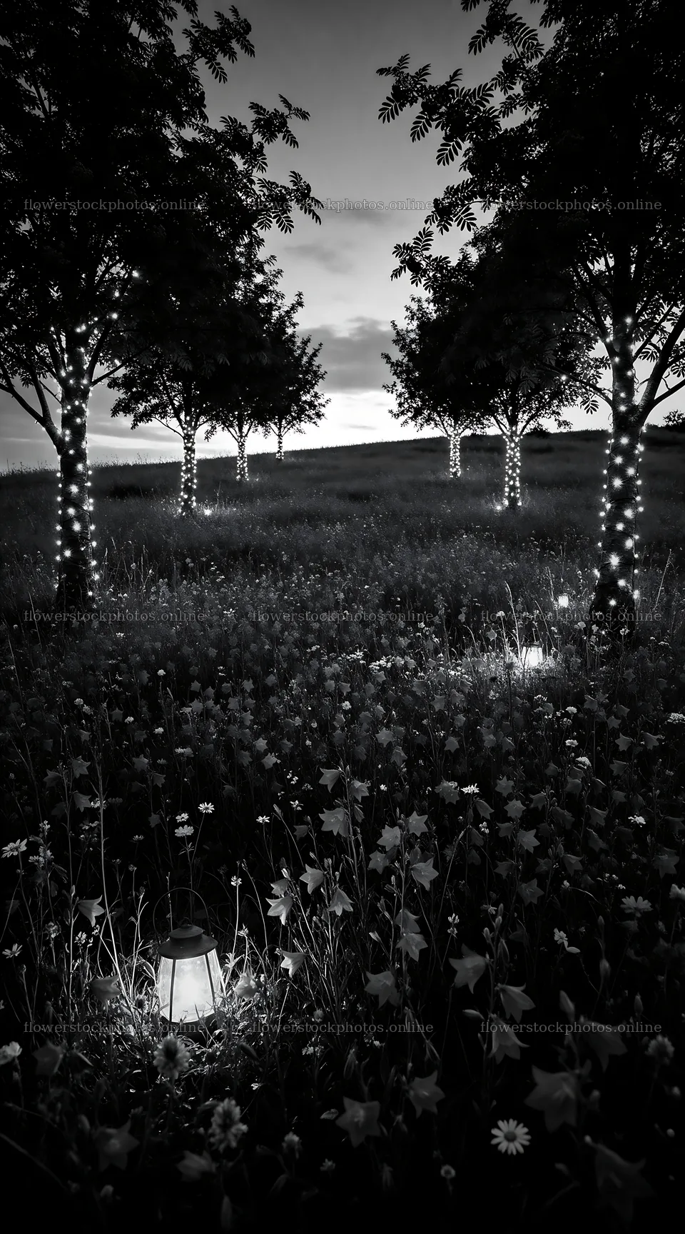 Vibrant Christmas lights at dusk in meadow with trees – flower stock photos 5916x10648