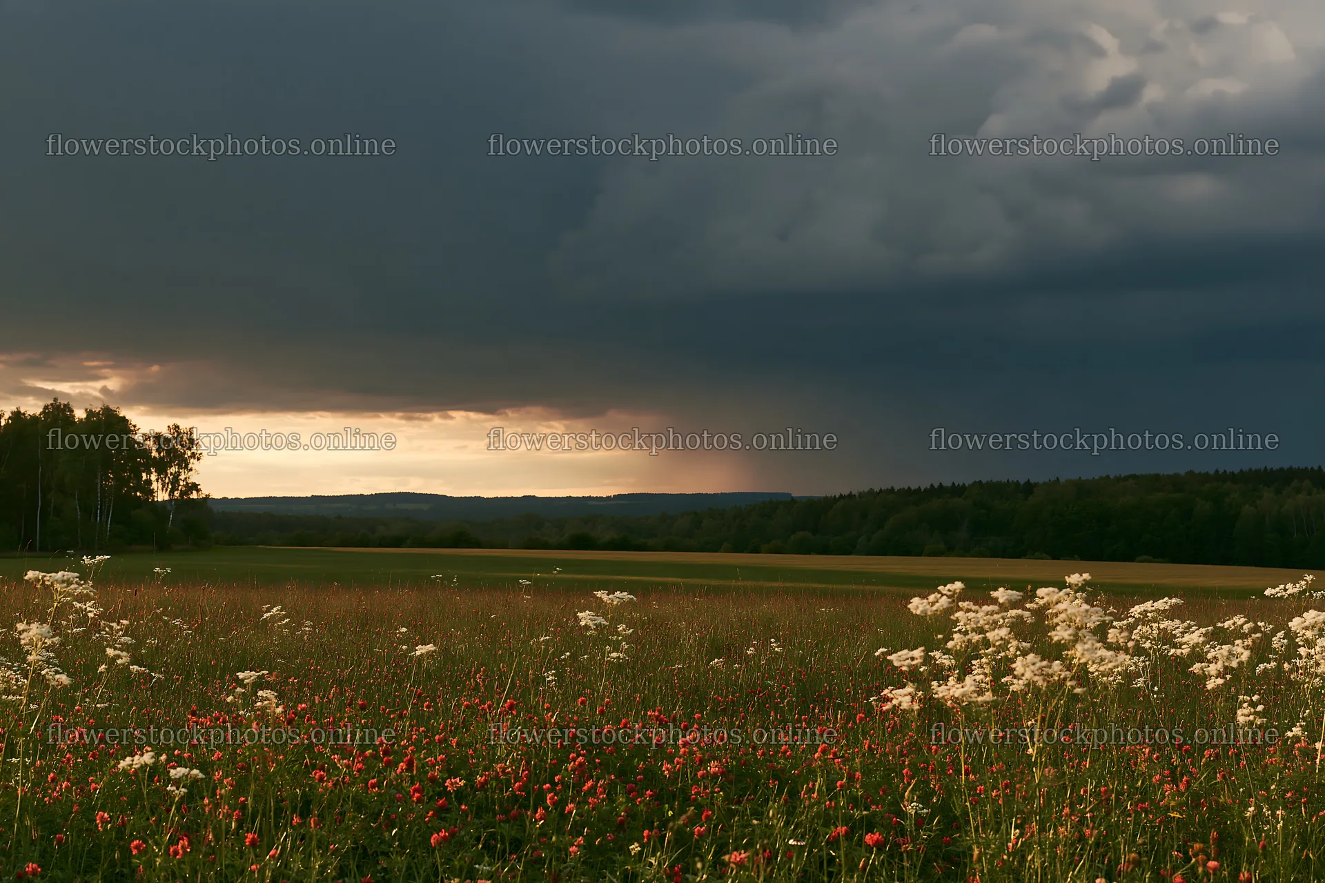 German foothill meadow with dark clouds and distant rain – flower stock photos 9722x6480