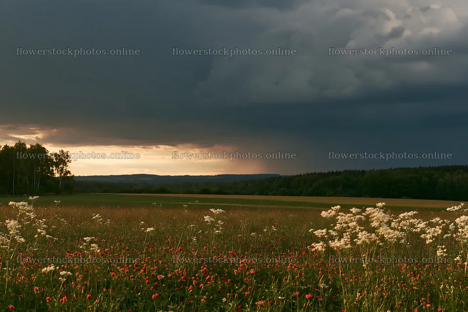 German foothill meadow with dark clouds and distant rain – flower stock photos 9722x6480