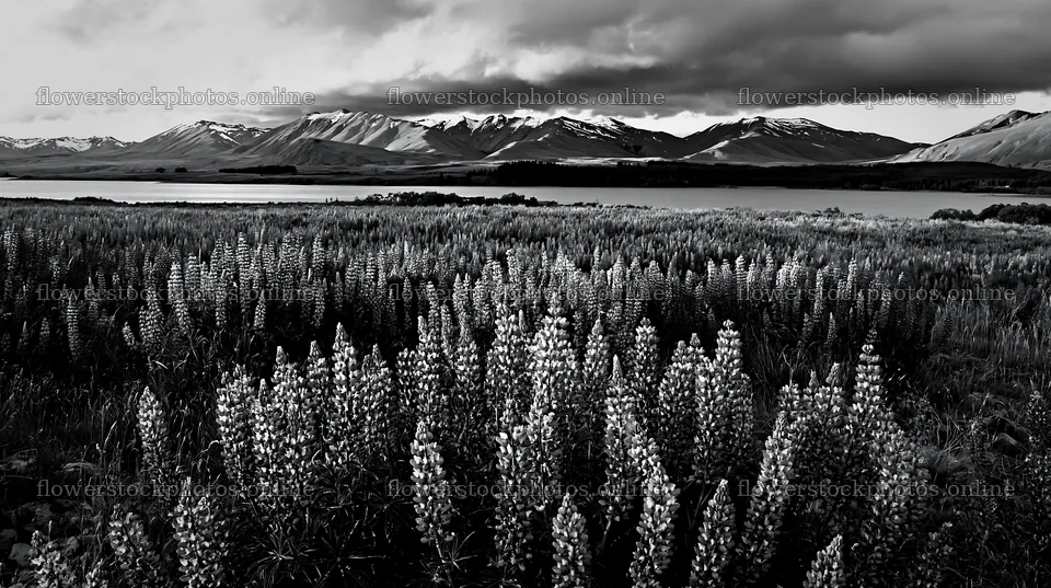 Lake Tekapo meadow with snowy alps in black and white – flower stock photos 10608x5938