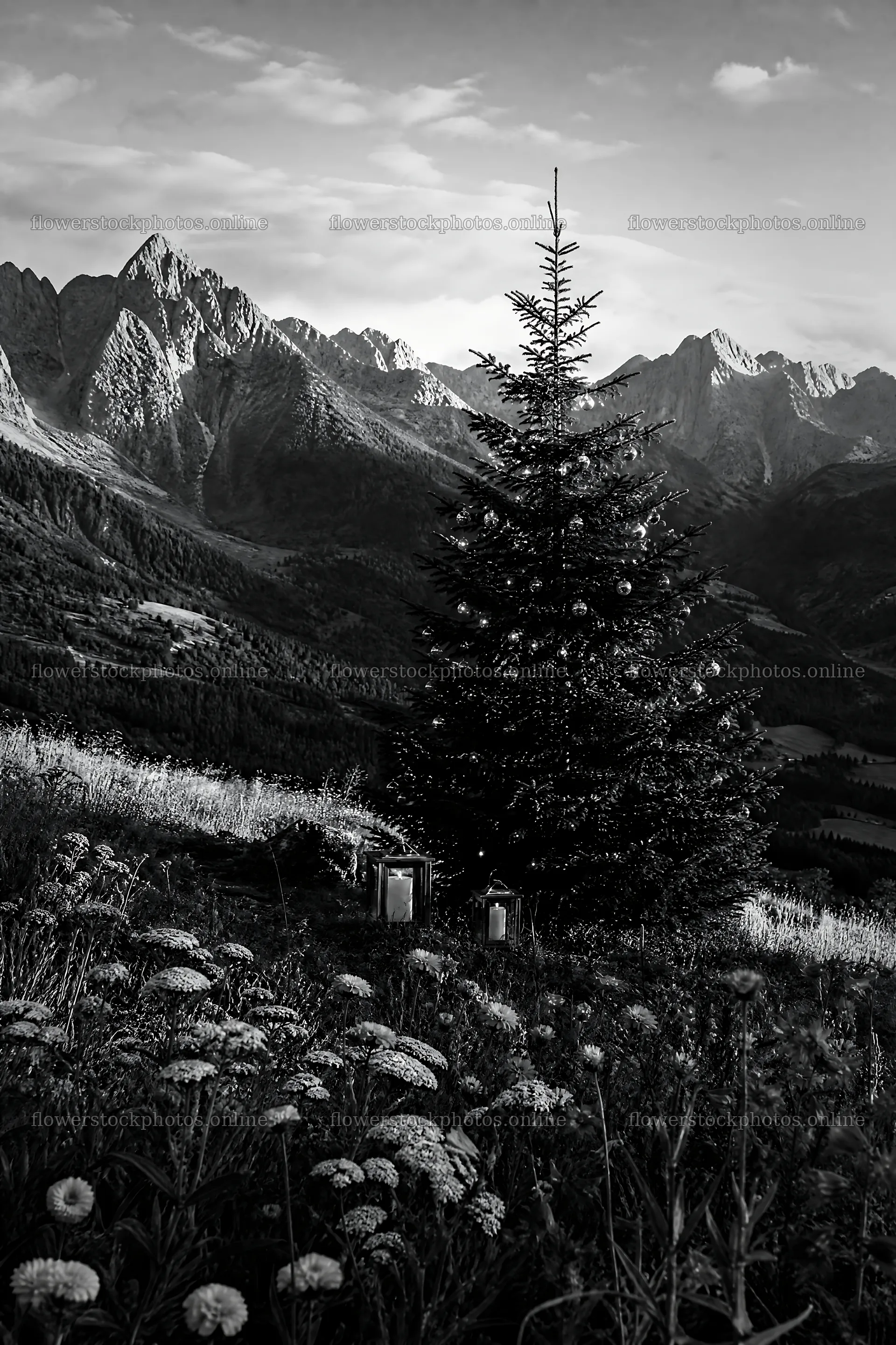 Christmas tree in mountain valley meadow with flowers – flower stock photos 6480x9722