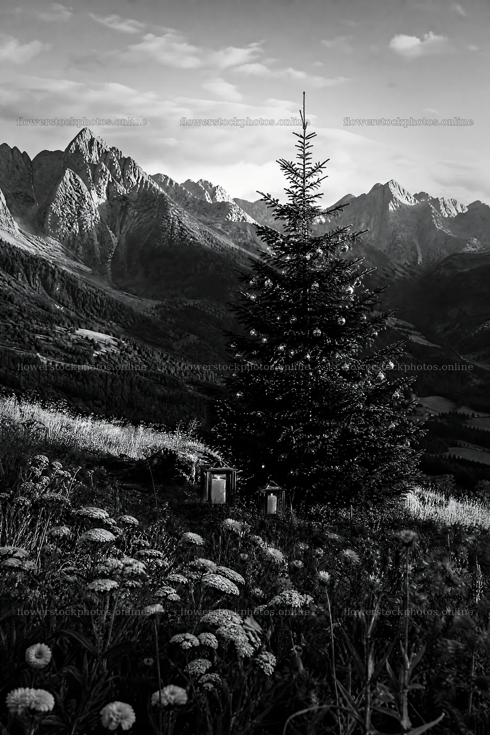 Christmas tree in mountain valley meadow with flowers – flower stock photos 6480x9722