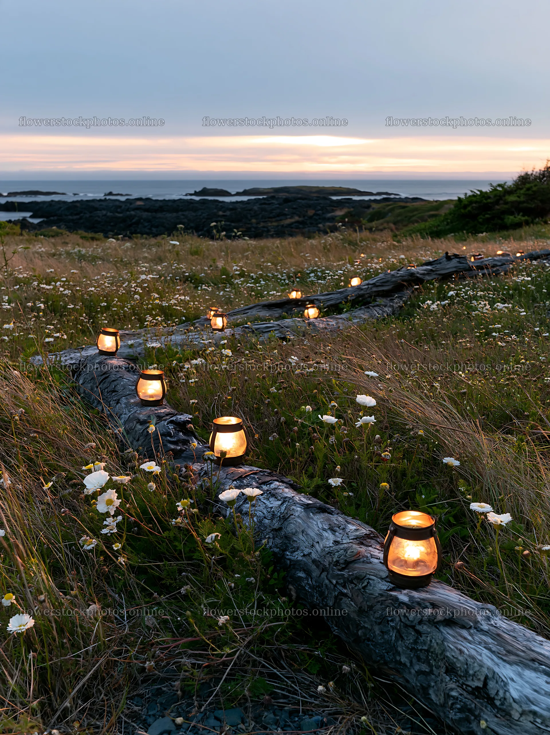 Expansive meadow with driftwood and lights at sunset – flower stock photos 6866x9174
