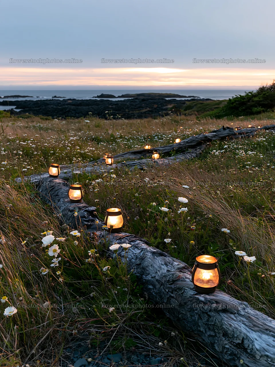 Expansive meadow with driftwood and lights at sunset – flower stock photos 6866x9174