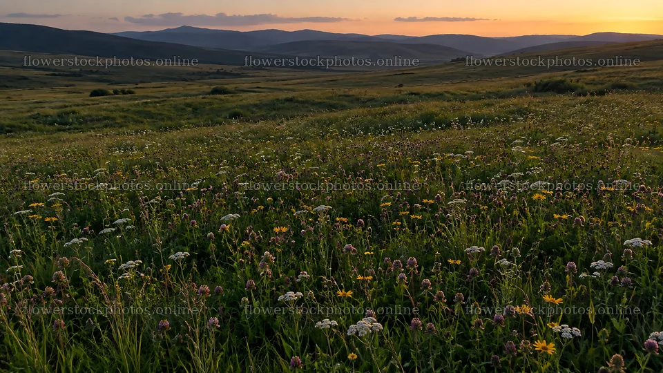 Shadowed Wildflower Meadow at Sunset – flower stock photos 10324x5812