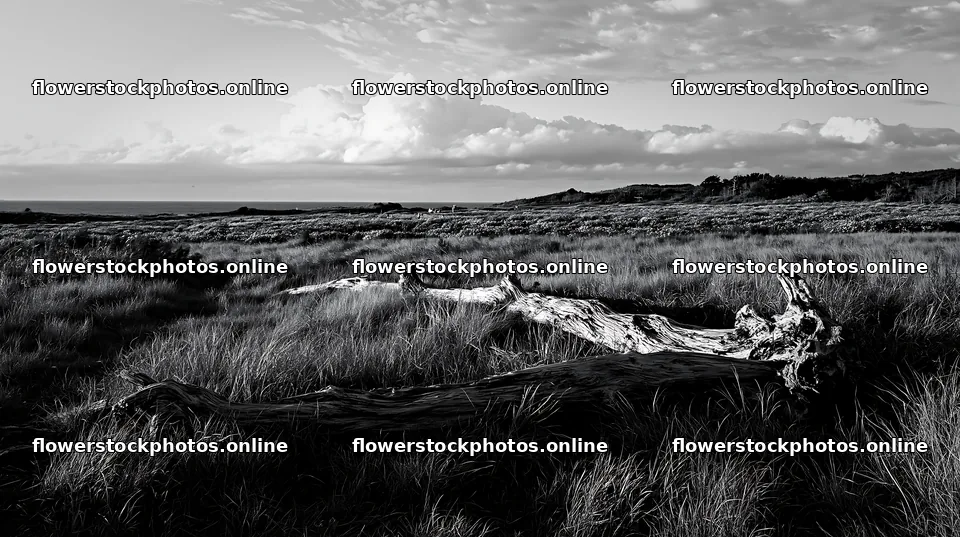 Chiba coastal climate meadow driftwood in foreground – flower stock photos 10608x5938