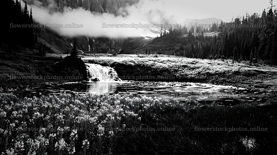 Flower meadow with waterfall reflection in black and white – flower stock photos 10608x5938