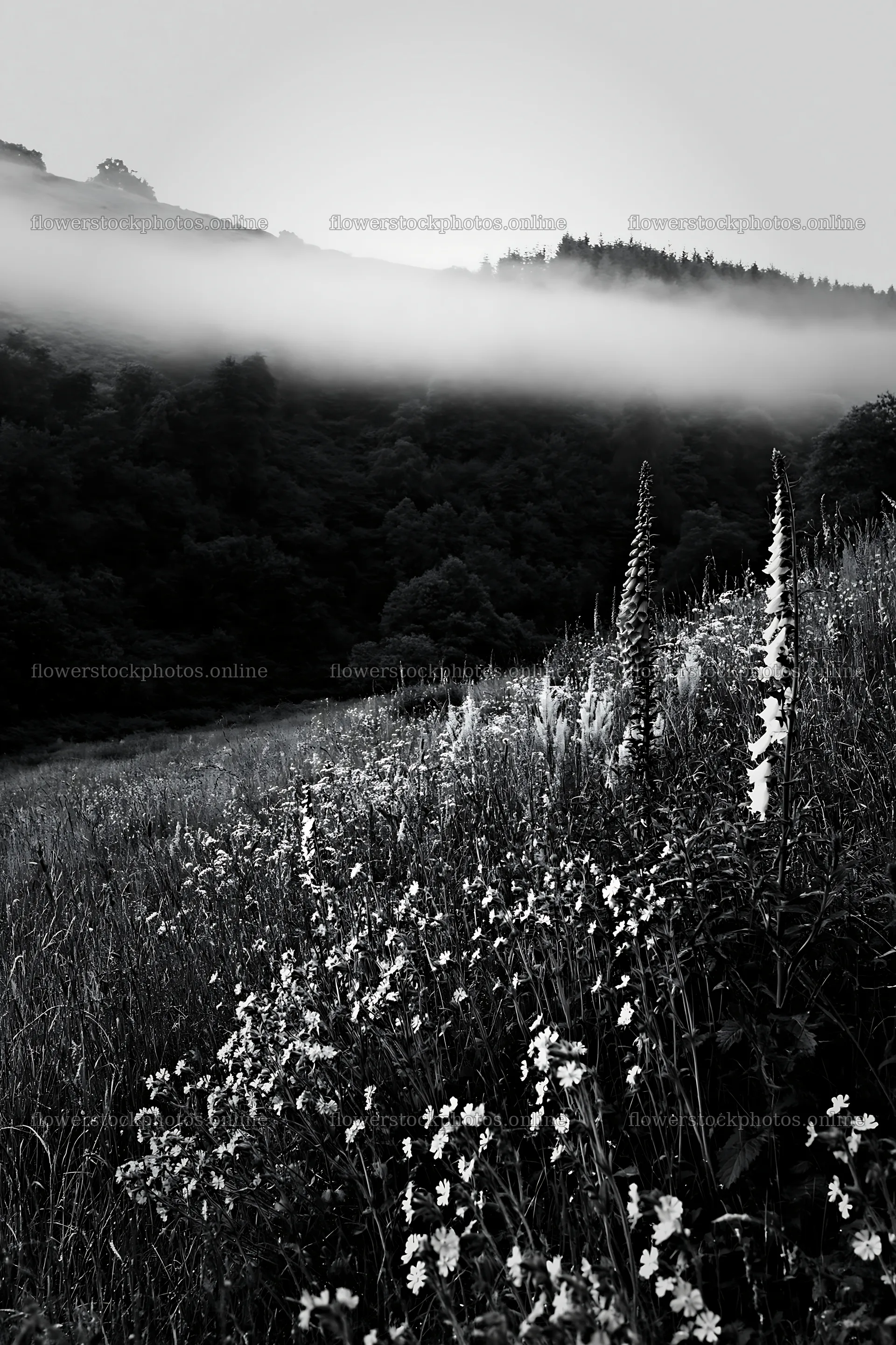 Meadow with campion and fog in the hills – flower stock photos 6480x9722