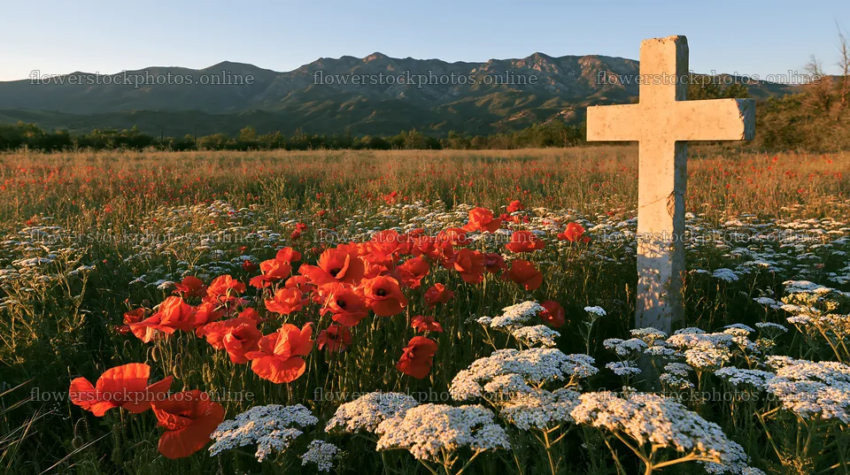 Christian cross in meadow with flowers and mountains – flower stock photos 10608x5938