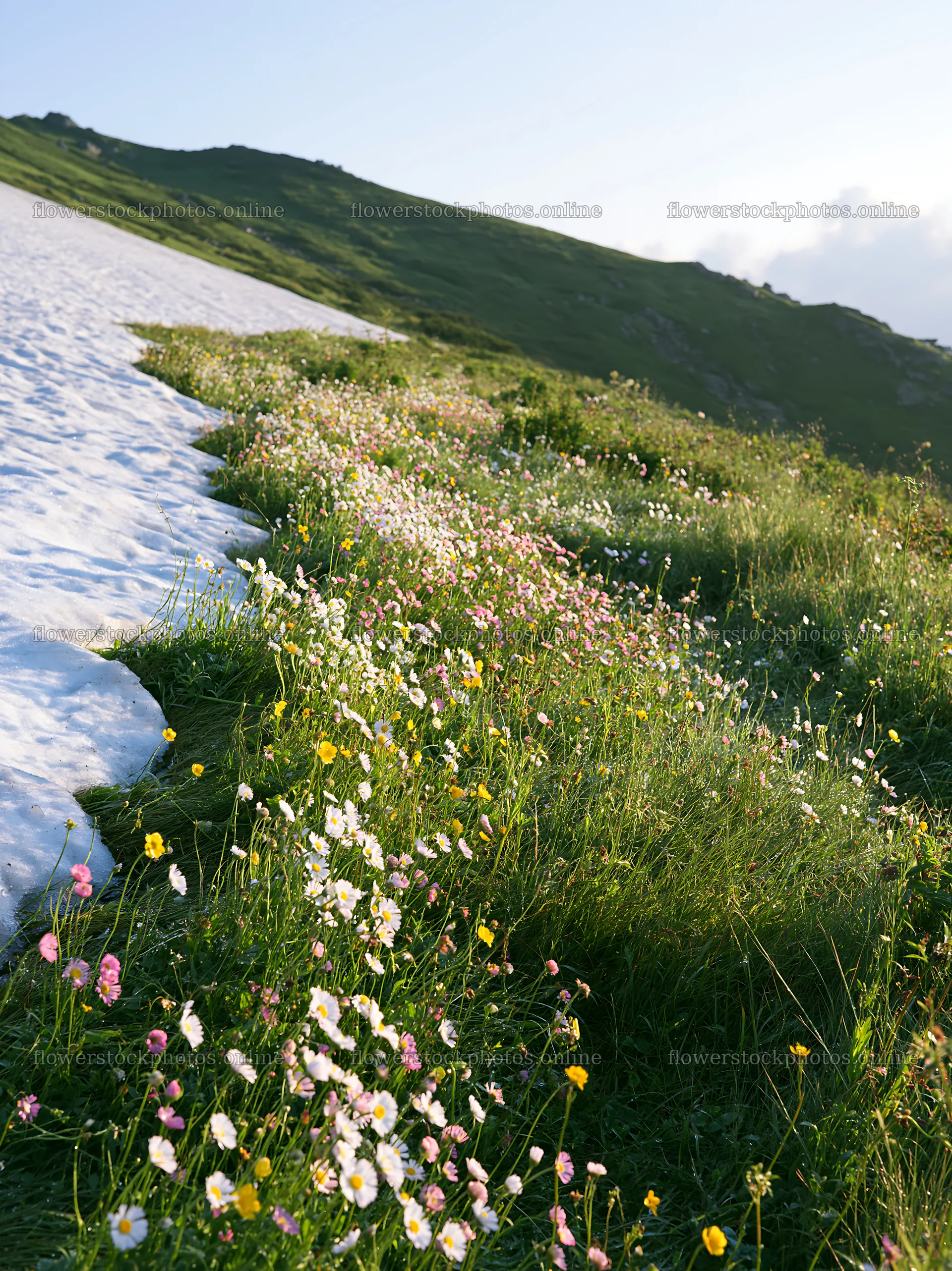 Snowdrift meadow with flowers along a snowy landscape – flower stock photos 6866x9174