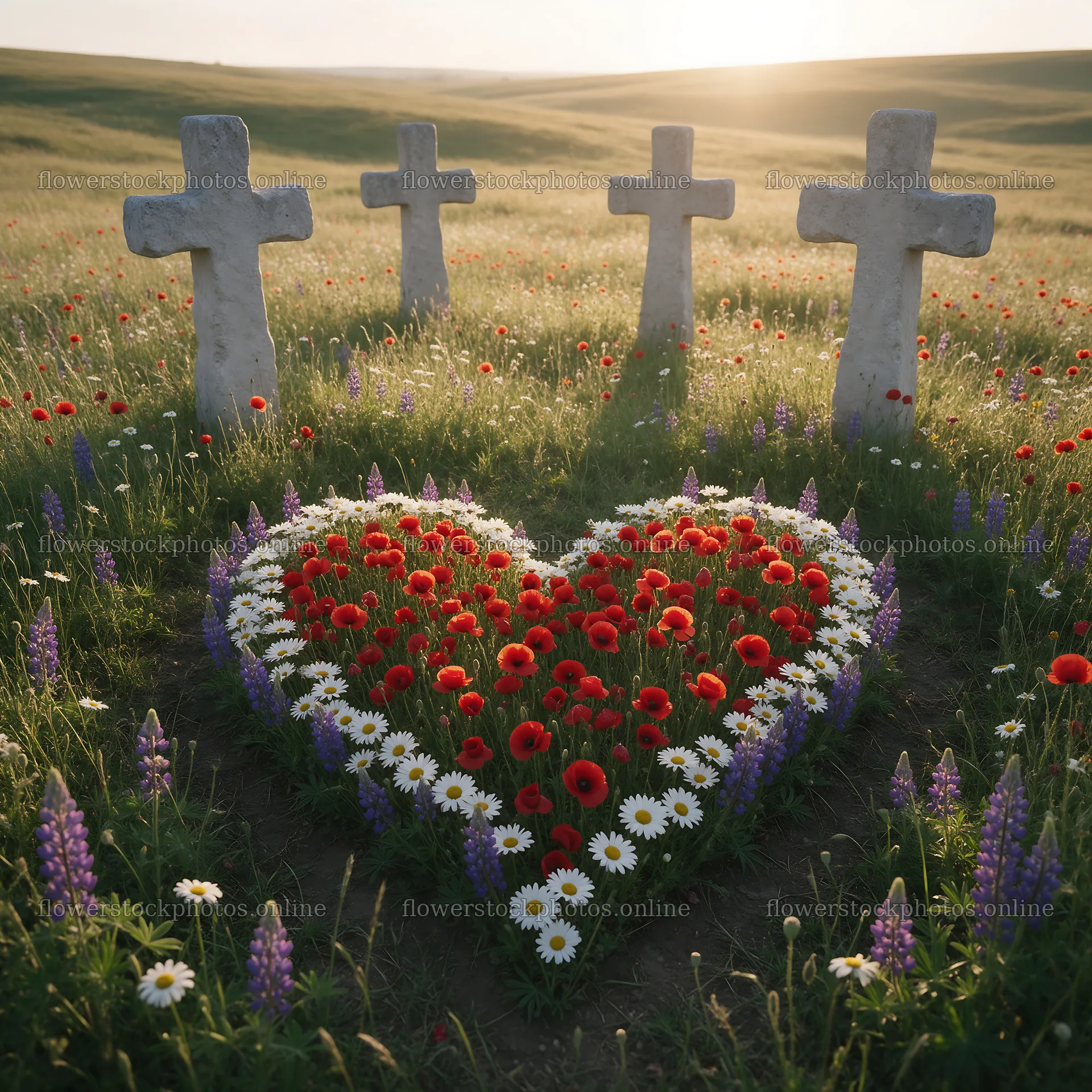 Christian crosses on rolling meadow beneath sunrise – flower stock photos 7938x7938