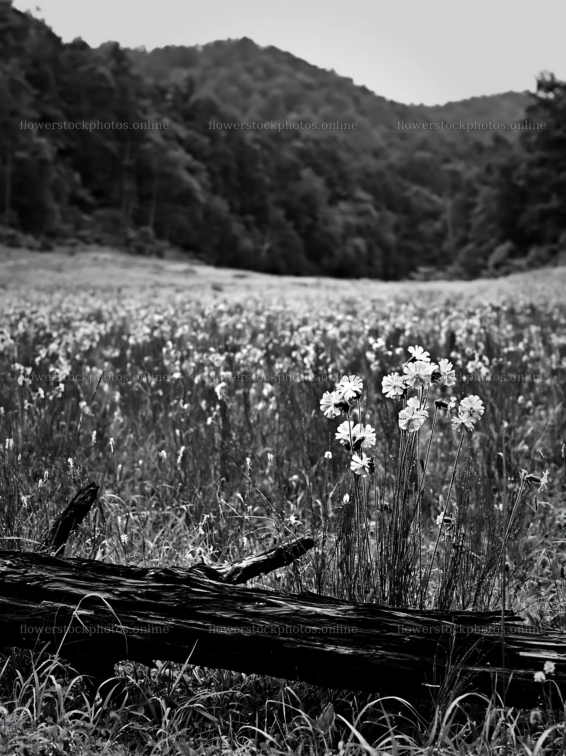 Yamagata rewilded meadow with fallen branch in foreground – flower stock photos 6866x9174