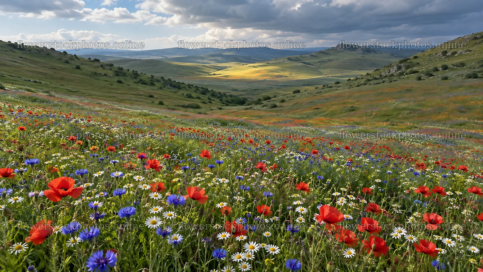 Wildflower Meadow Across Rolling Green Hills – flower stock photos 10324x5812