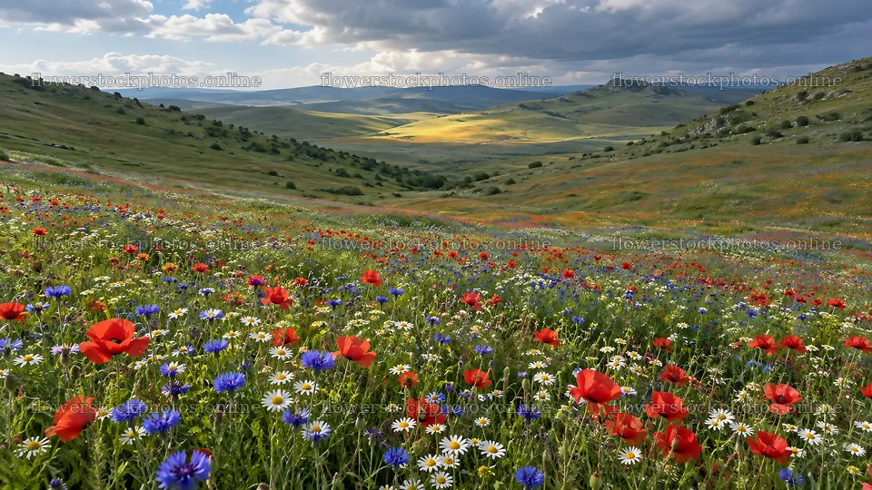 Wildflower Meadow Across Rolling Green Hills – flower stock photos 10324x5812