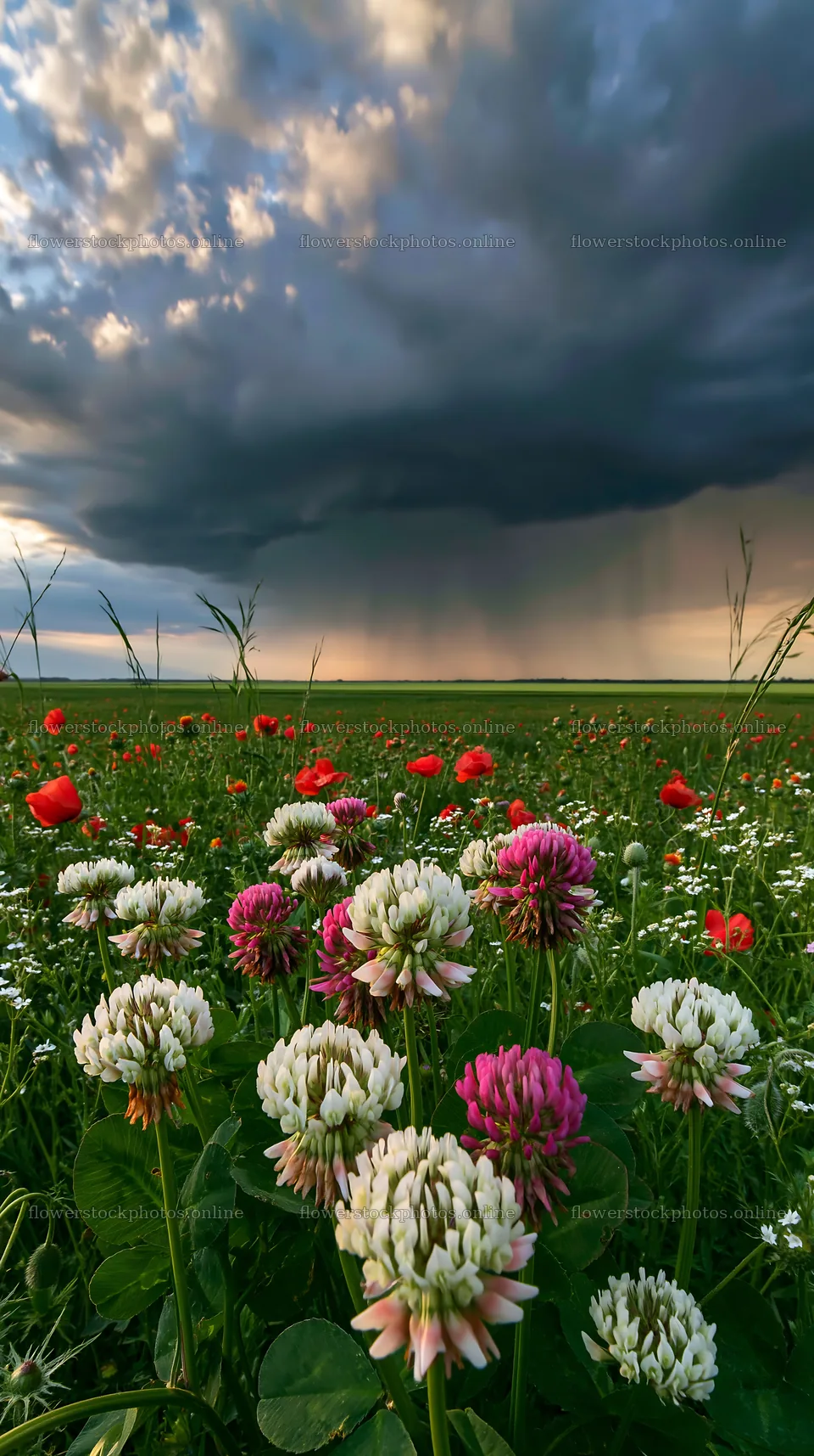 Colorful clover meadow with flowers under a cloudy sky – flower stock photos 5938x10608