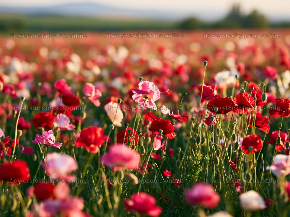 Colorful poppy meadow in a vibrant flower field during sunset – flower stock photos 9174x6866