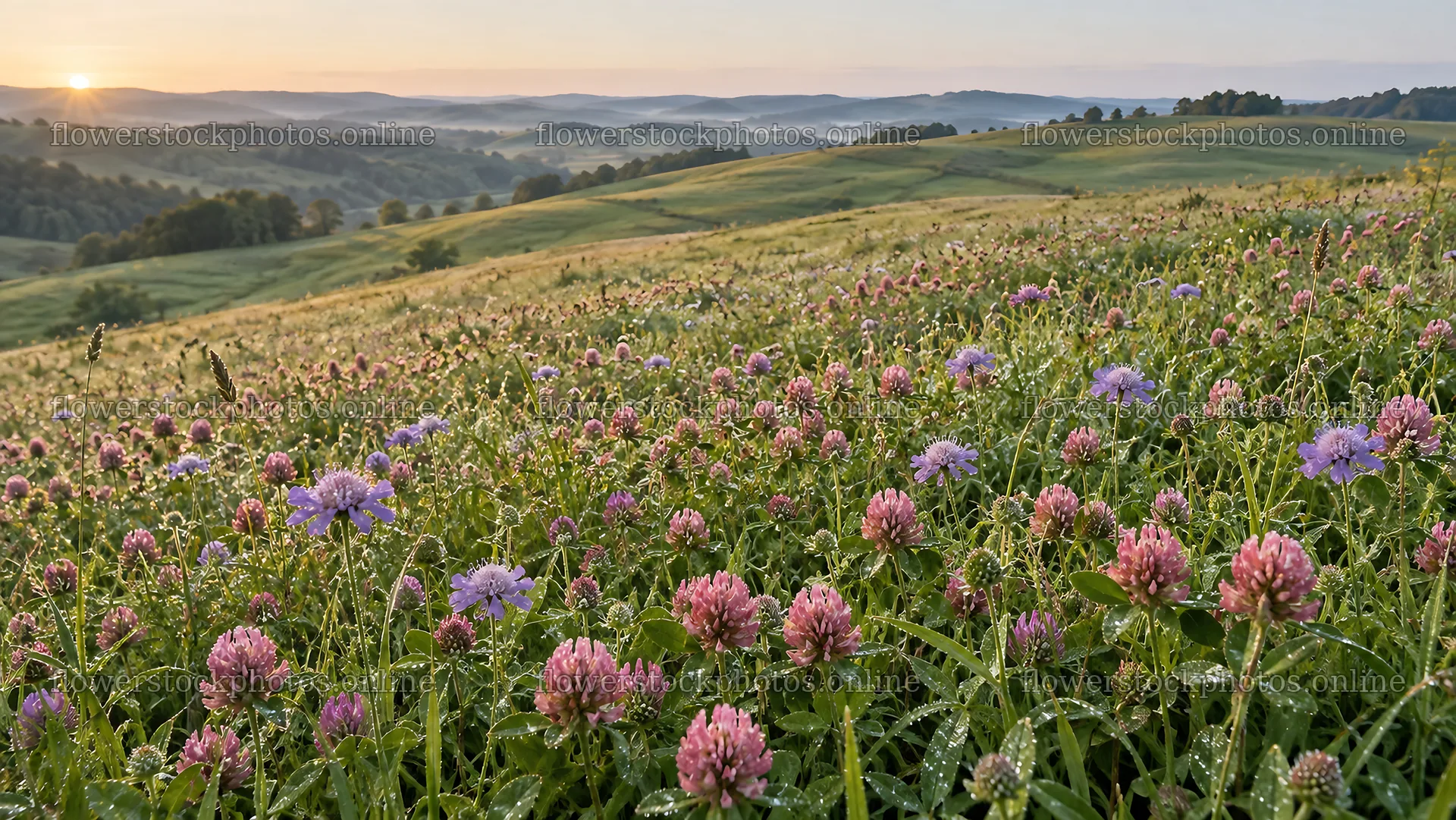 Wildflower Meadow in Warm Sunrise Light – flower stock photos 10324x5812