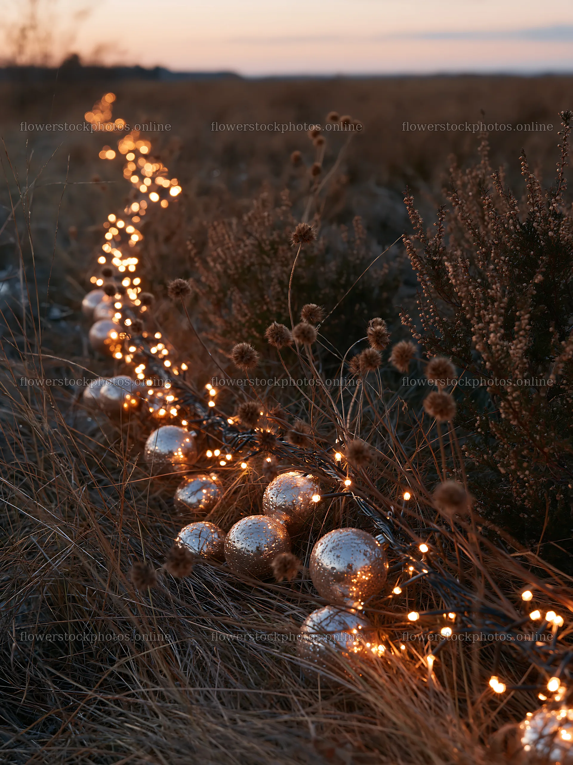 Expansive Christmas meadow with lights and baubles in autumn – flower stock photos 6866x9174
