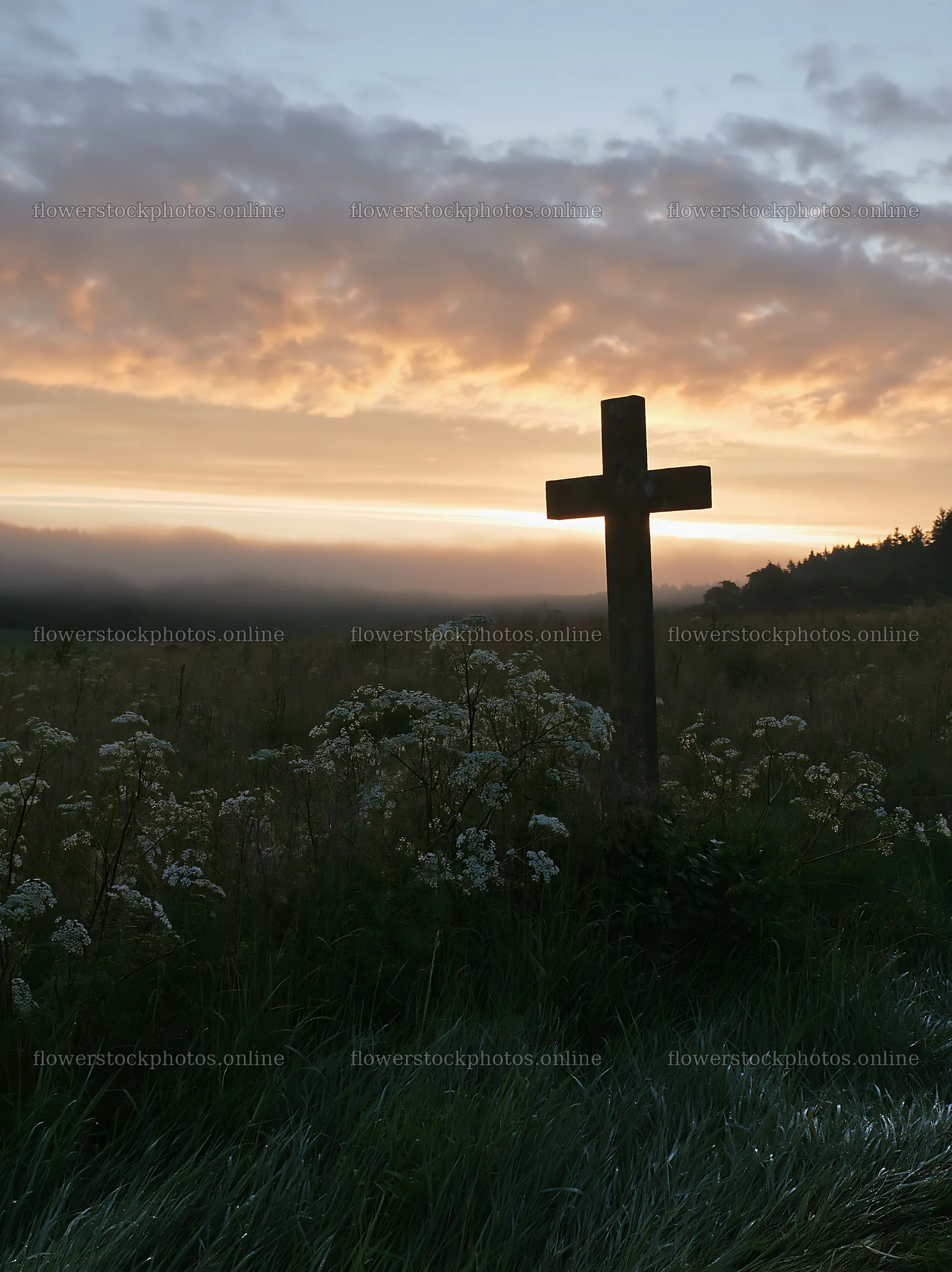 Christian cross at sunrise over meadow with flowers – flower stock photos 6866x9174