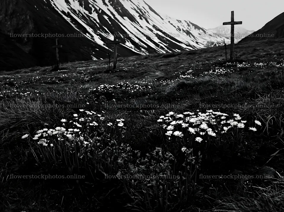 Multiple crosses in snowy meadow with flowers in foreground – flower stock photos 9174x6866