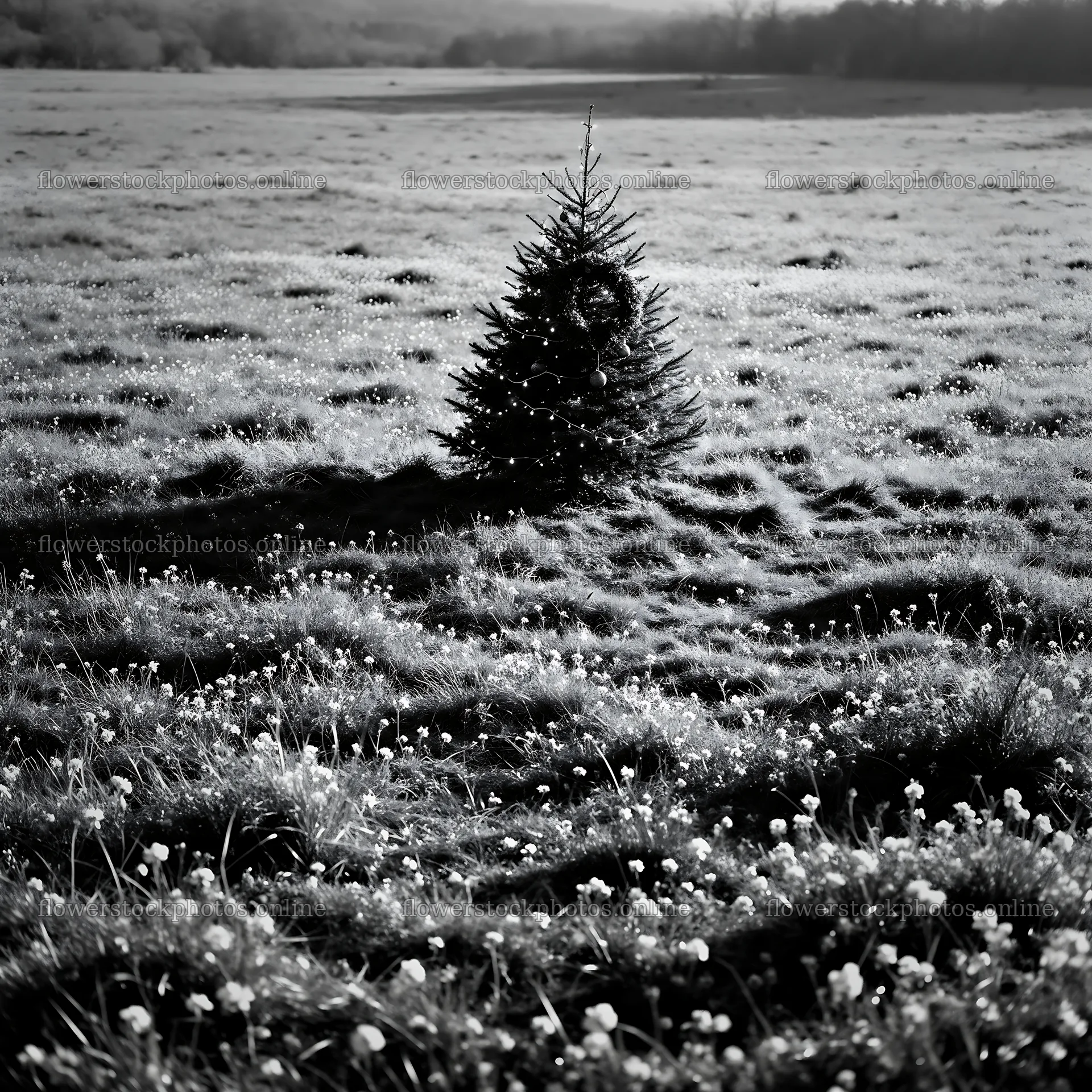 Vibrant Christmas tree in meadow under winter sunlight – flower stock photos 7938x7938