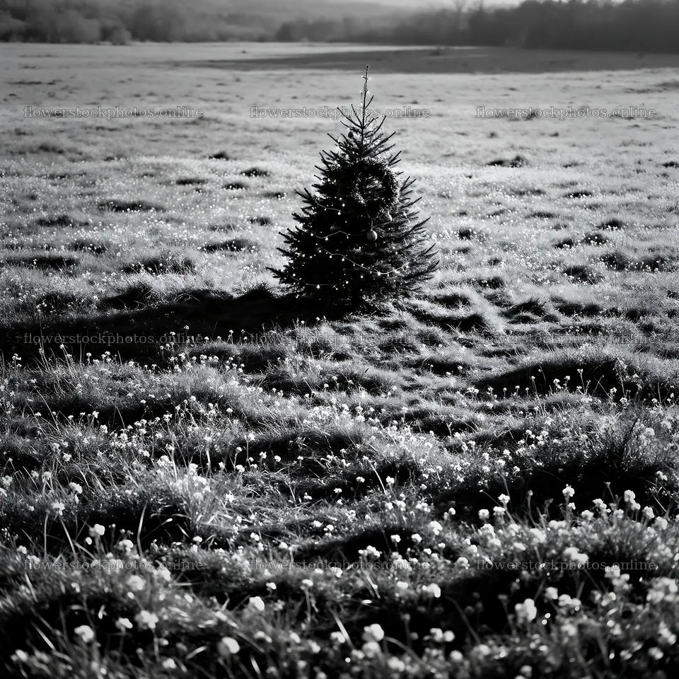Vibrant Christmas tree in meadow under winter sunlight – flower stock photos 7938x7938