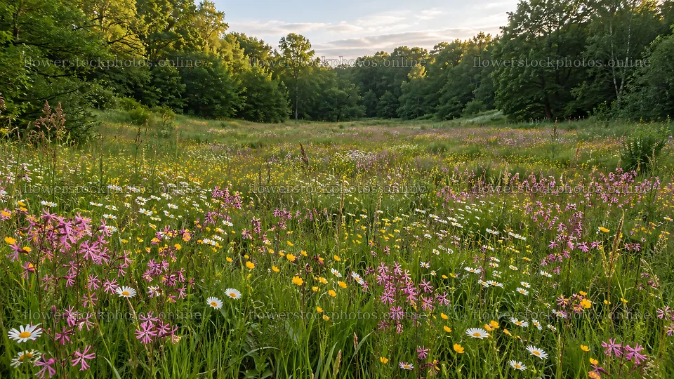 Wildflower Meadow in a Woodland Clearing – flower stock photos 10324x5812