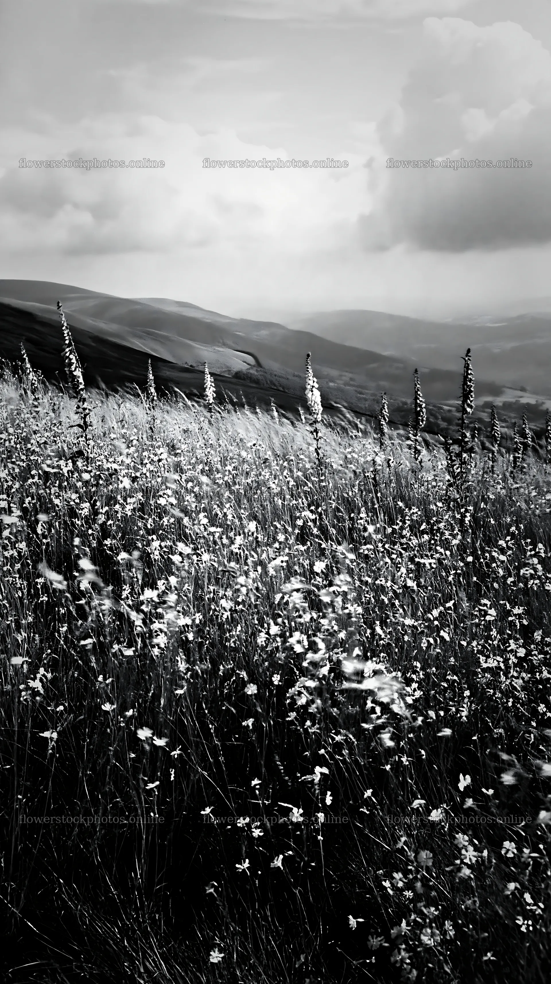 Meadow with campion flowers under cloudy skies – flower stock photos 5938x10608