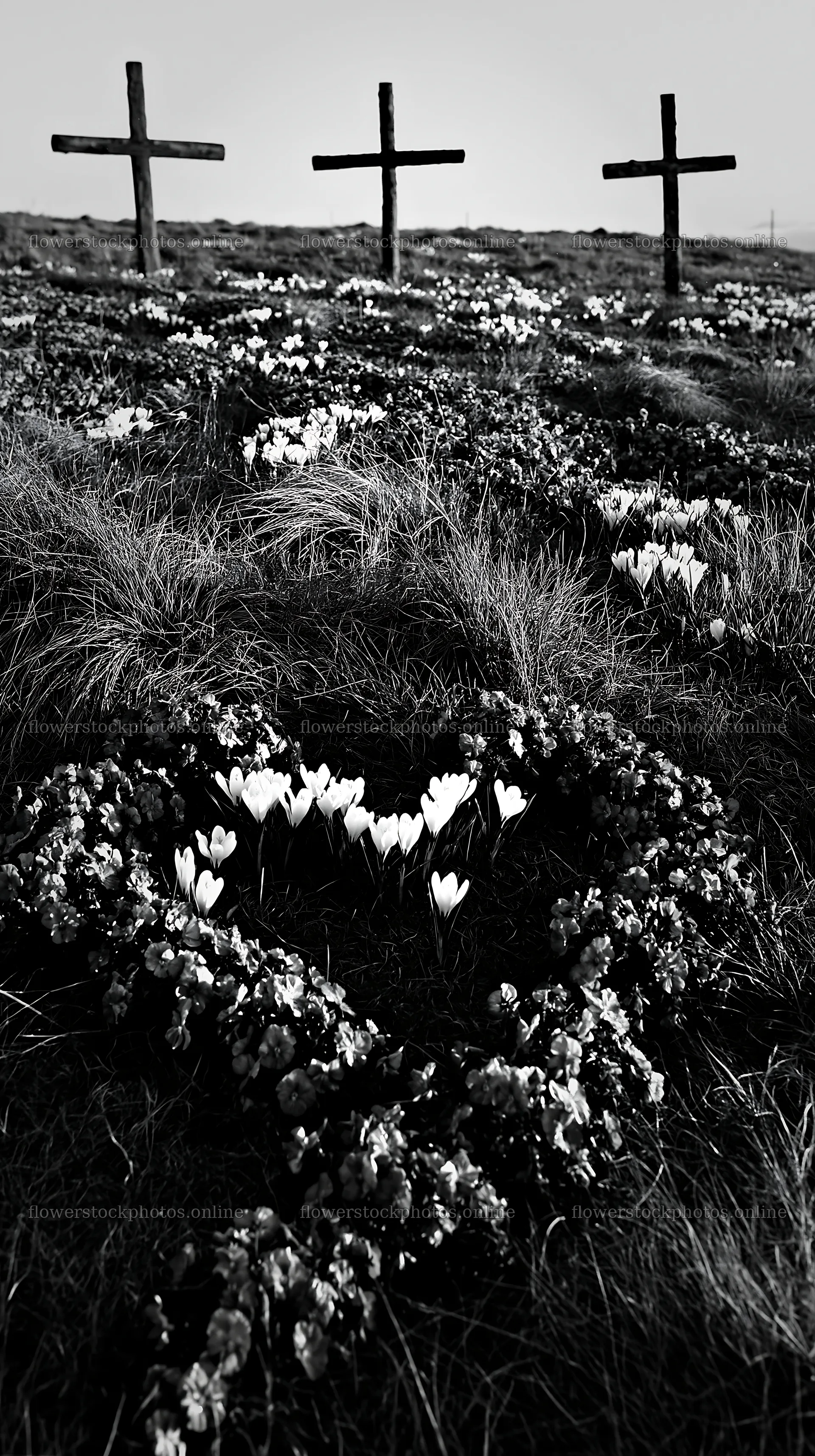 Rustic crosses in a winter meadow with flowers – flower stock photos 5938x10608