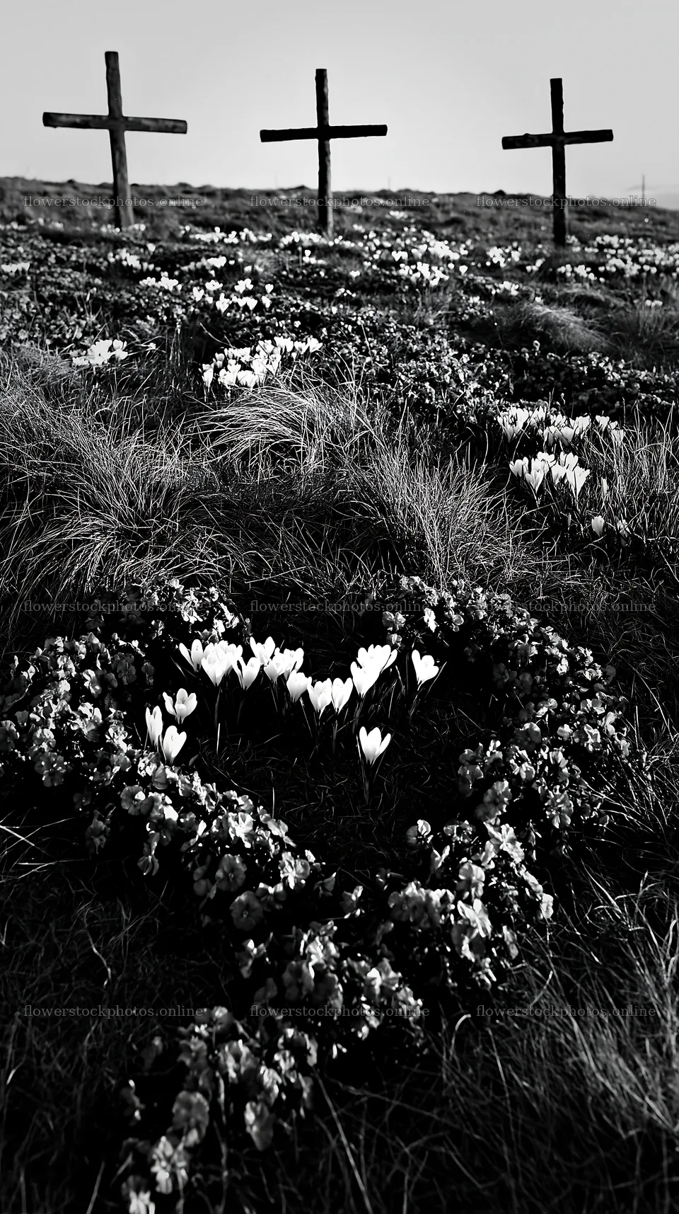 Rustic crosses in a winter meadow with flowers – flower stock photos 5938x10608