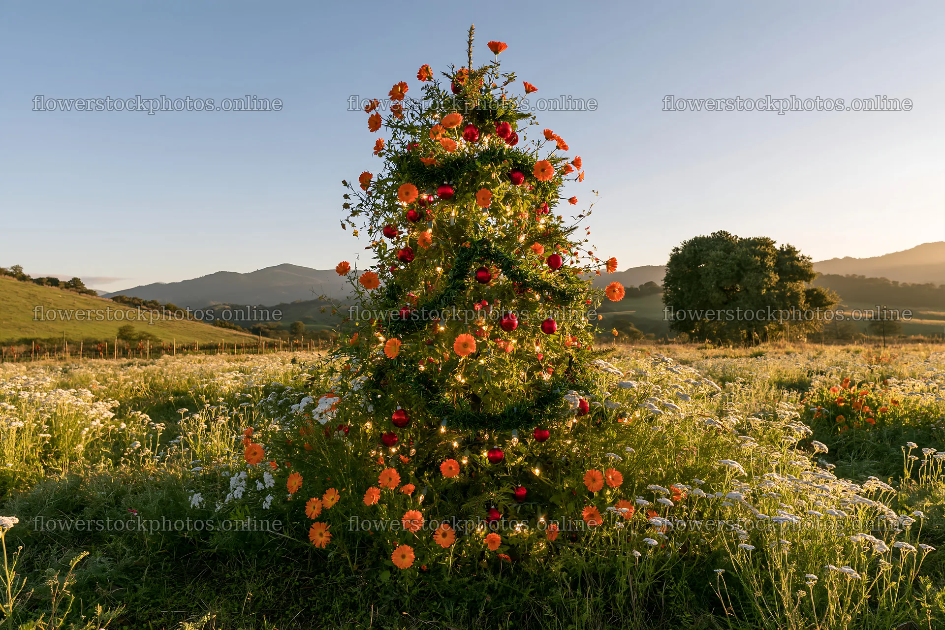Vibrant Christmas tree in meadow under winter sunlight – flower stock photos 9722x6480
