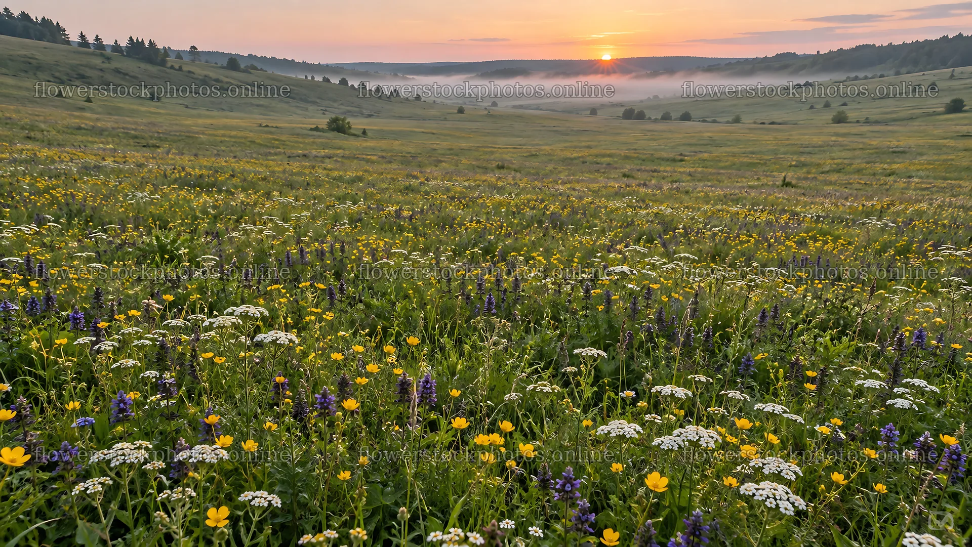 Wildflower Meadow at Sunrise in Morning Mist – flower stock photos 10324x5812