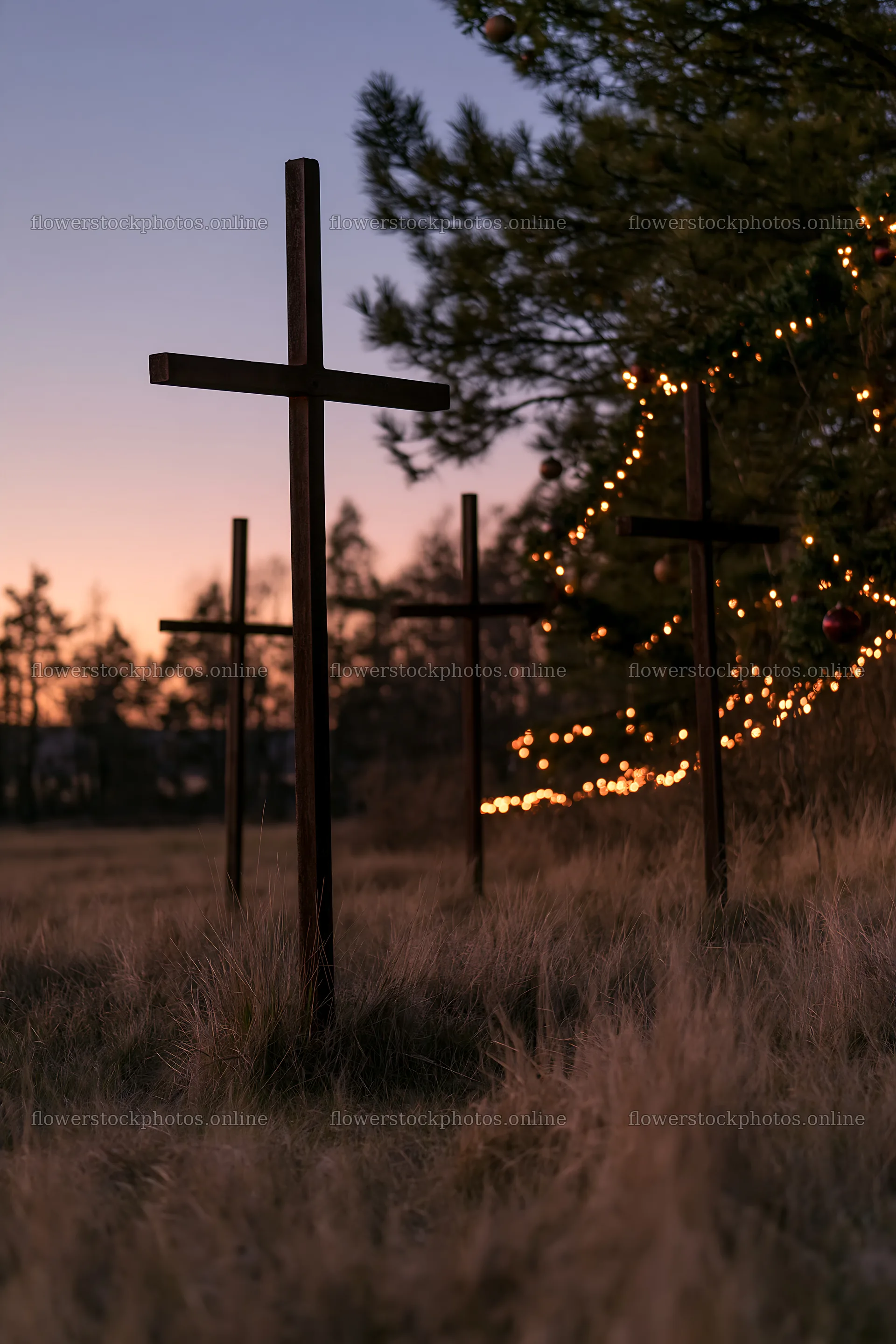 Christian crosses in a meadow during sunset – flower stock photos 6480x9722