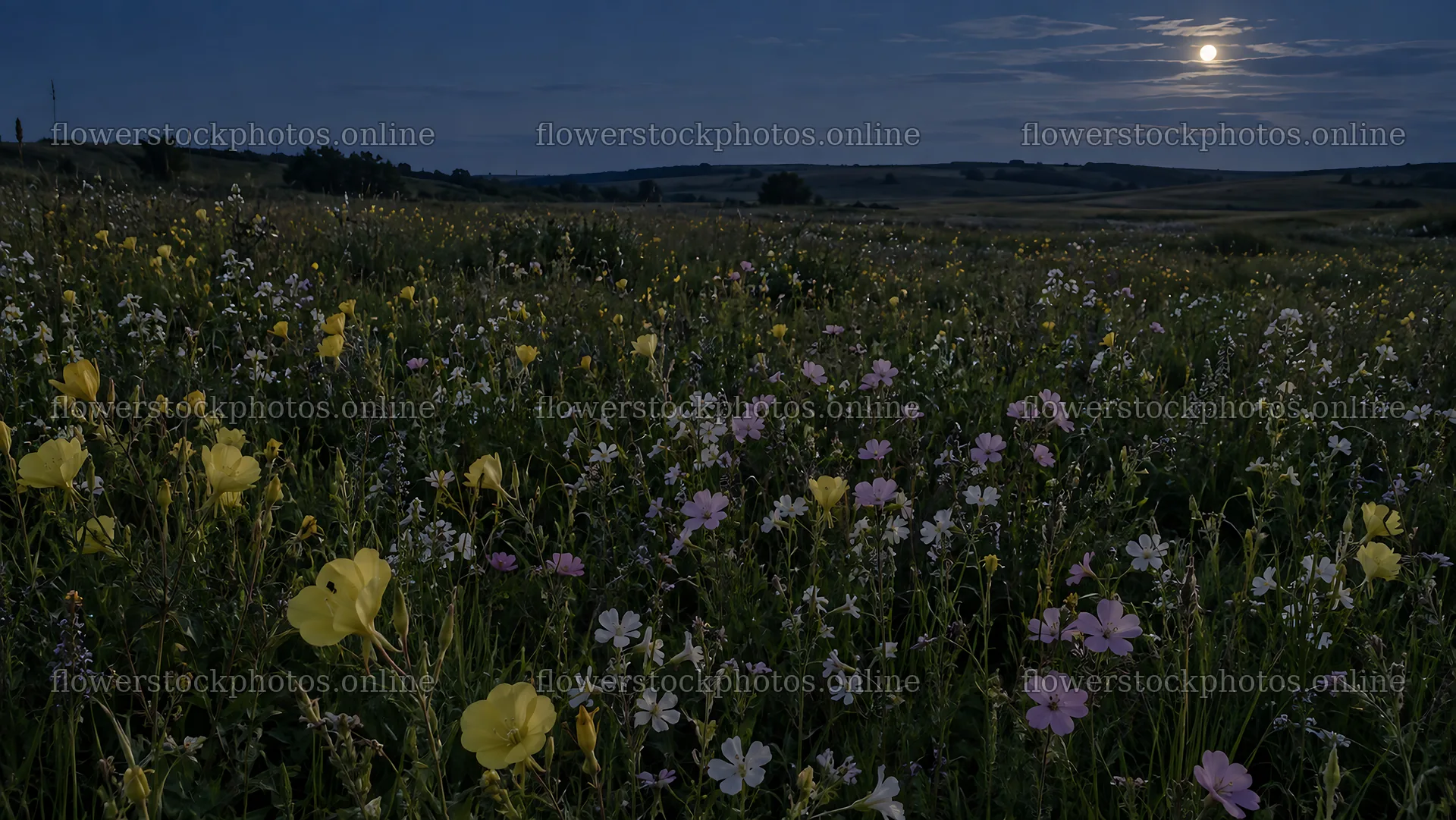 Dark Wildflower Meadow Beneath a Bright Moon – flower stock photos 10324x5812