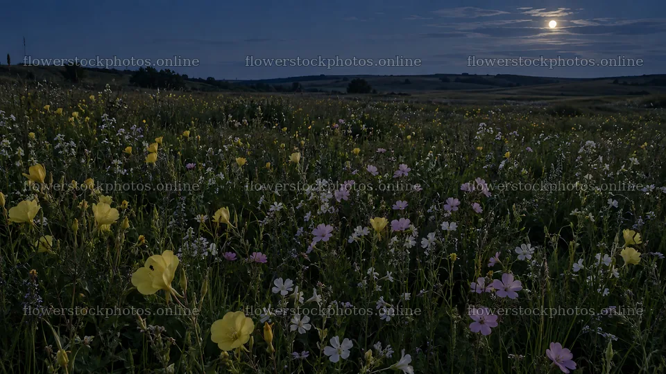 Dark Wildflower Meadow Beneath a Bright Moon – flower stock photos 10324x5812