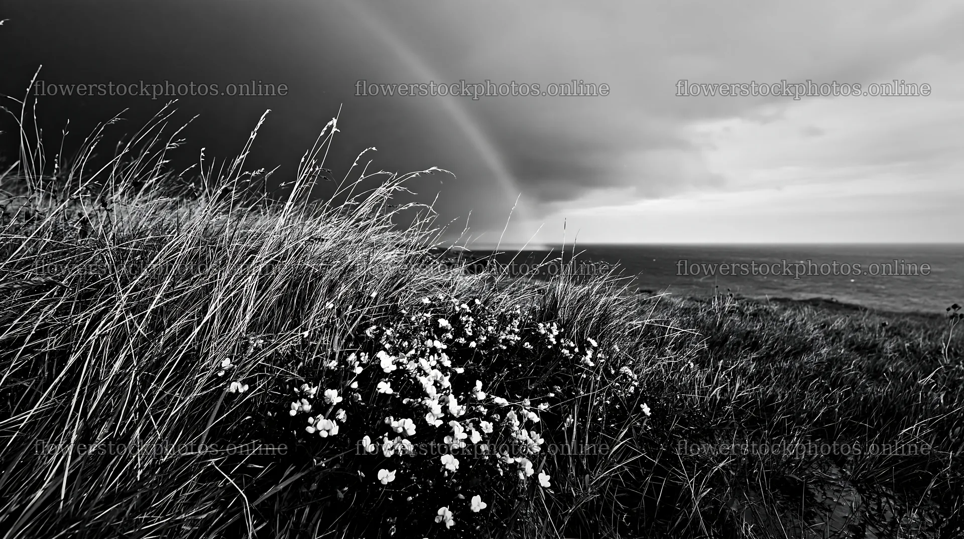 Clifftop meadow with flowers and ocean view during cloudy weather – flower stock photos 10608x5938