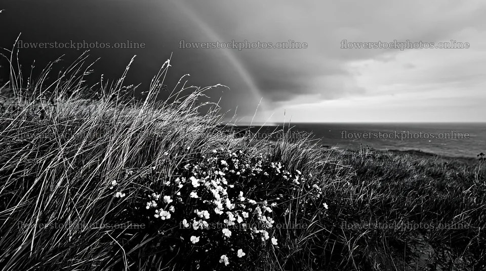 Clifftop meadow with flowers and ocean view during cloudy weather – flower stock photos 10608x5938