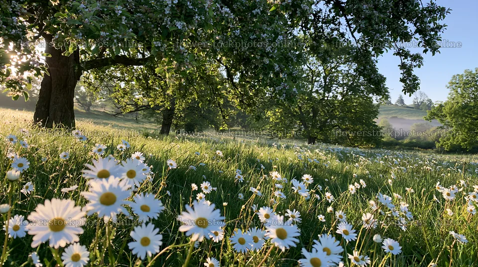 Daisy flowers in a sunny apple meadow – flower stock photos 10608x5938