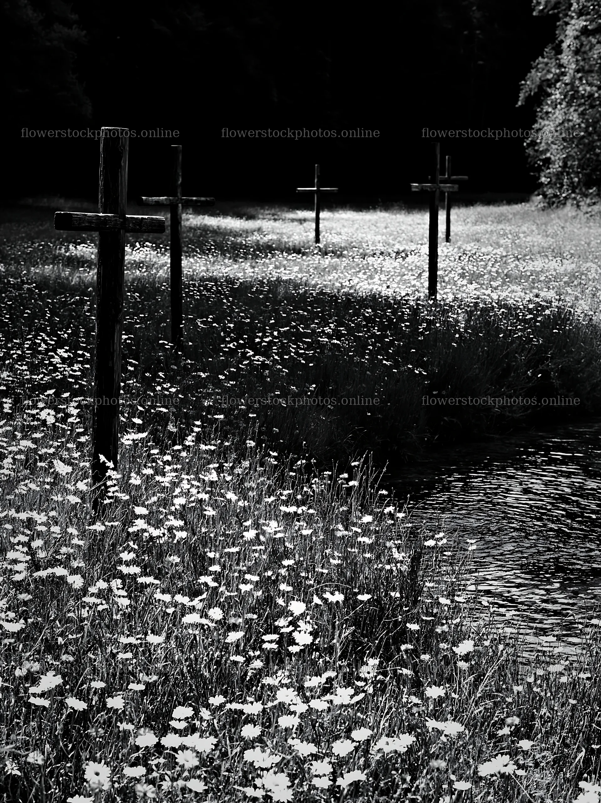 Crosses beside mineral spring meadow with flowers – flower stock photos 6866x9174