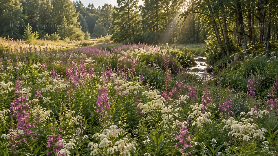 Sunbeams Over a Flower-Filled Forest Clearing – flower stock photos 10324x5812