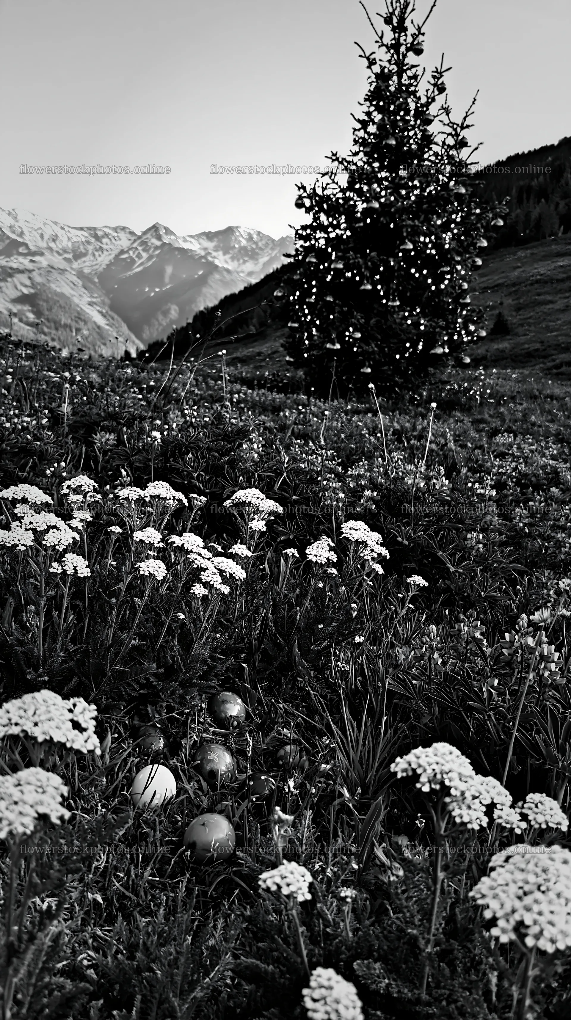 Christmas tree with baubles in mountain meadow landscape – flower stock photos 5938x10608