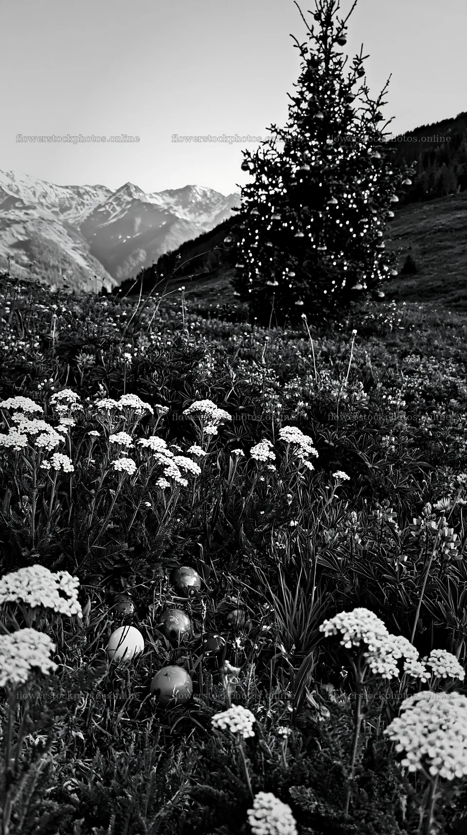 Christmas tree with baubles in mountain meadow landscape – flower stock photos 5938x10608