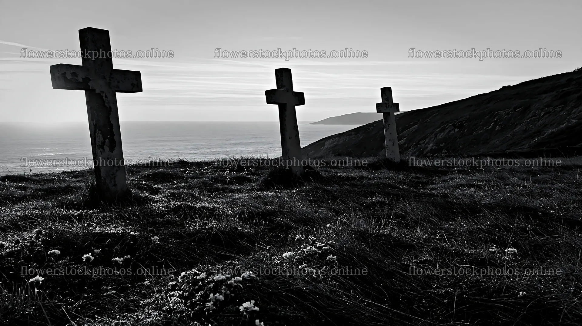 Three Christian crosses in a meadow at sunrise – flower stock photos 10608x5938