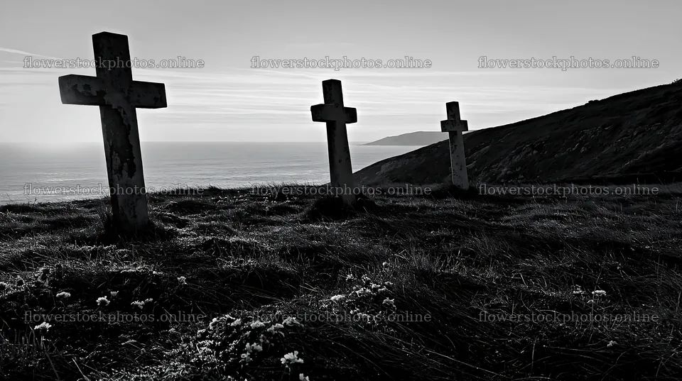 Three Christian crosses in a meadow at sunrise – flower stock photos 10608x5938