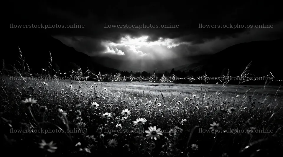 Warm Christmas lights in mountain valley meadow – flower stock photos 10648x5916