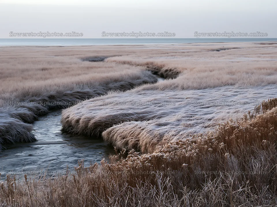 Frosty coastal meadow with waterway near the sea – flower stock photos 9174x6866
