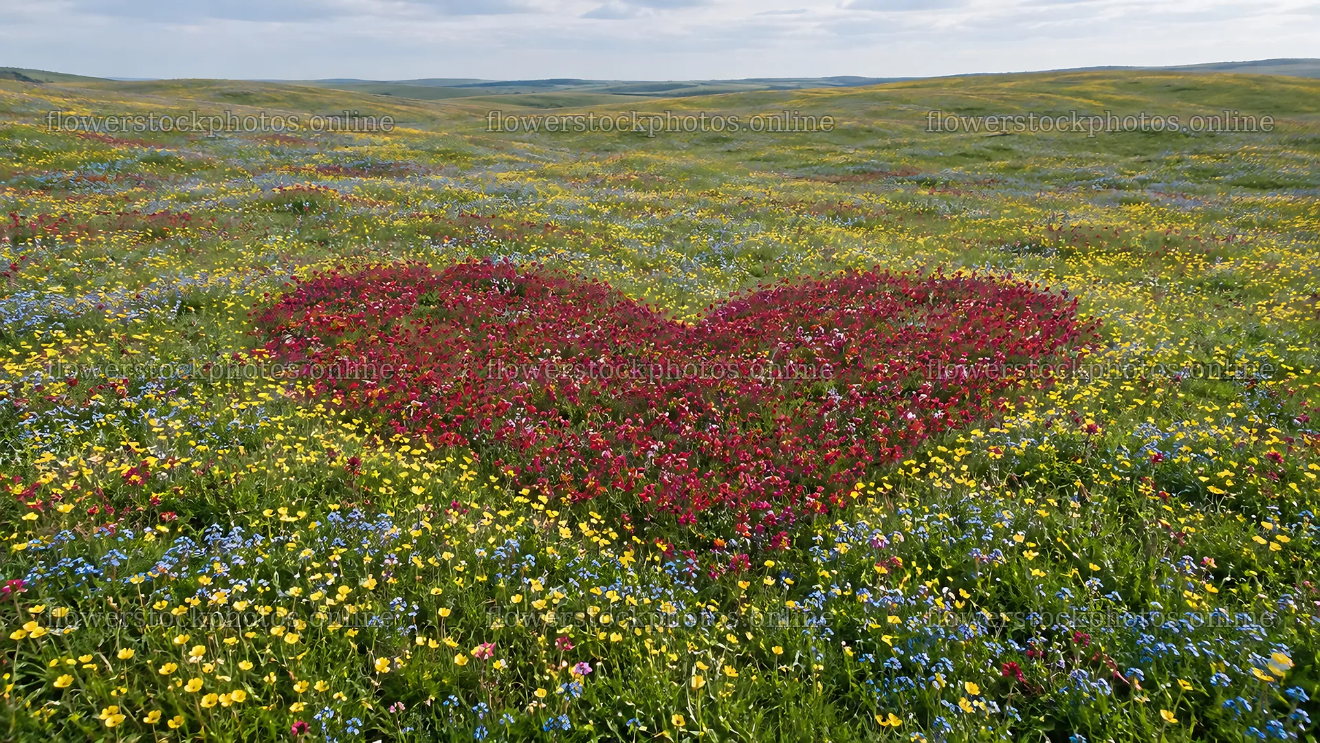 Heart-Shaped Flower Patch in a Rolling Meadow – flower stock photos 10324x5812