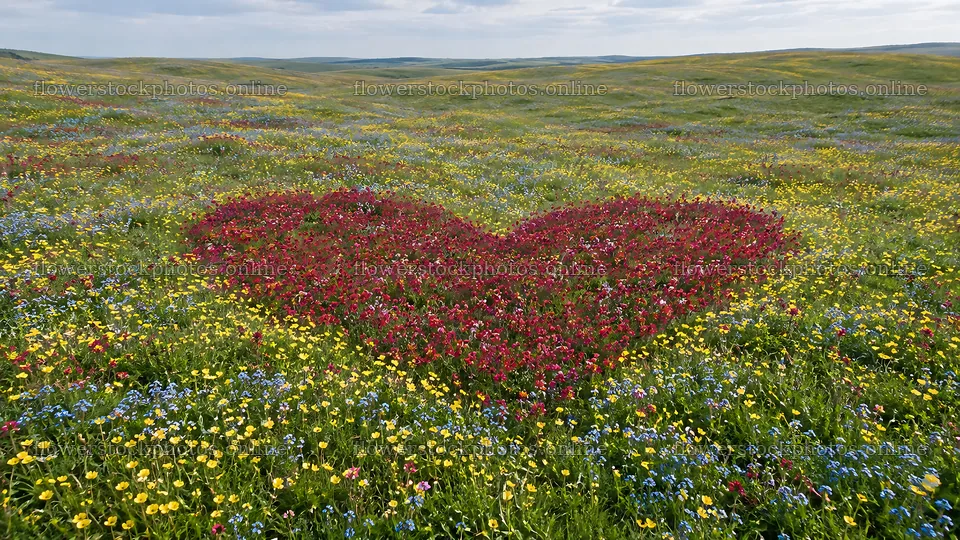 Heart-Shaped Flower Patch in a Rolling Meadow – flower stock photos 10324x5812