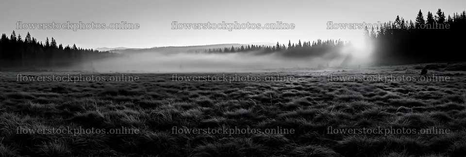 Frosty meadow sunrise with mist and trees in the background – flower stock photos 13690x4602