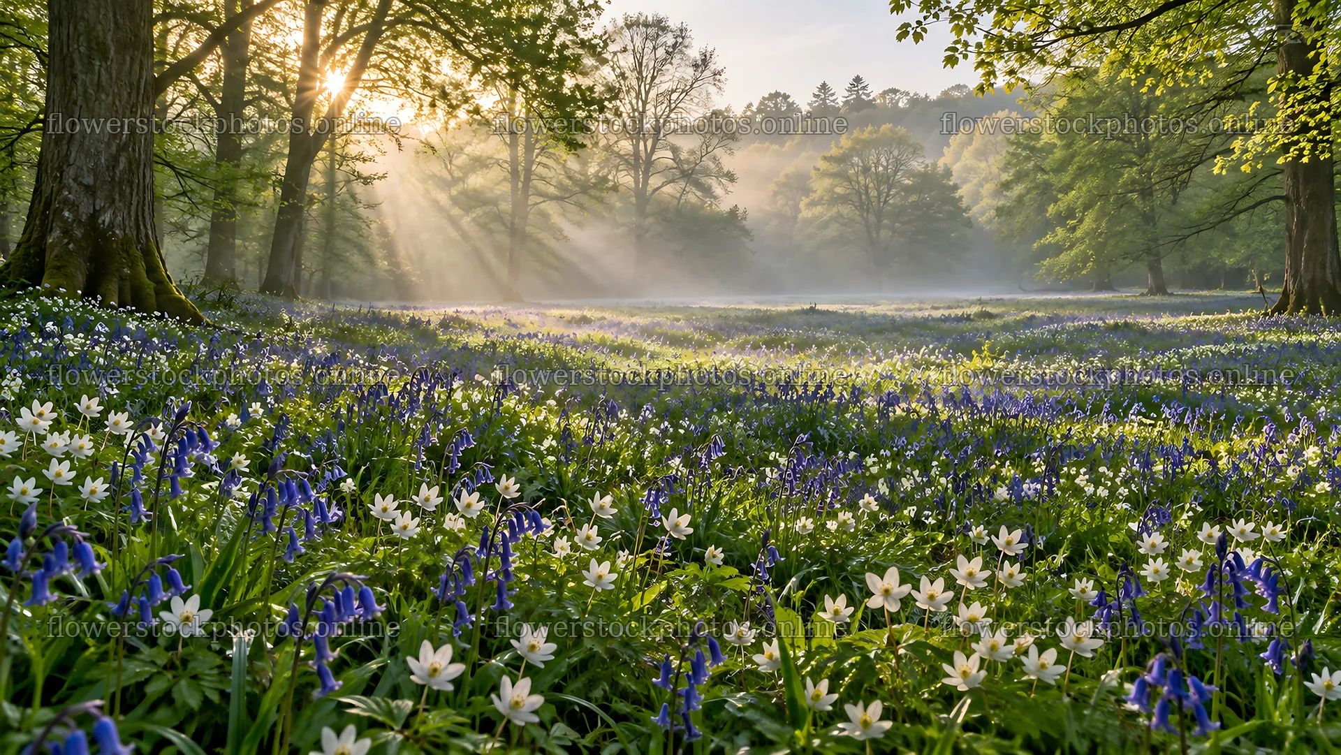 Sunbeams over a Spring Woodland Clearing – flower stock photos 10324x5812